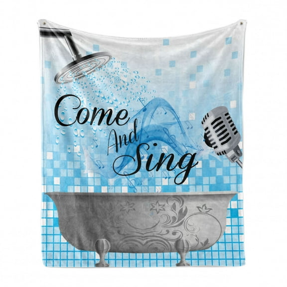 Saying Soft Flannel Fleece Throw Blanket, Bath Tub Design with a Come and Sing Message Happy Style Typography, Cozy Plush for Indoor and Outdoor Use, 50" x 70", Pale Blue White, by Ambesonne