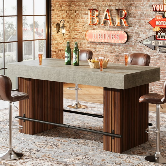 Finmind Industrial Dining Table, 63-Inch Counter Height Pub Table with Metal Footrest for Dining Room, Red Brown