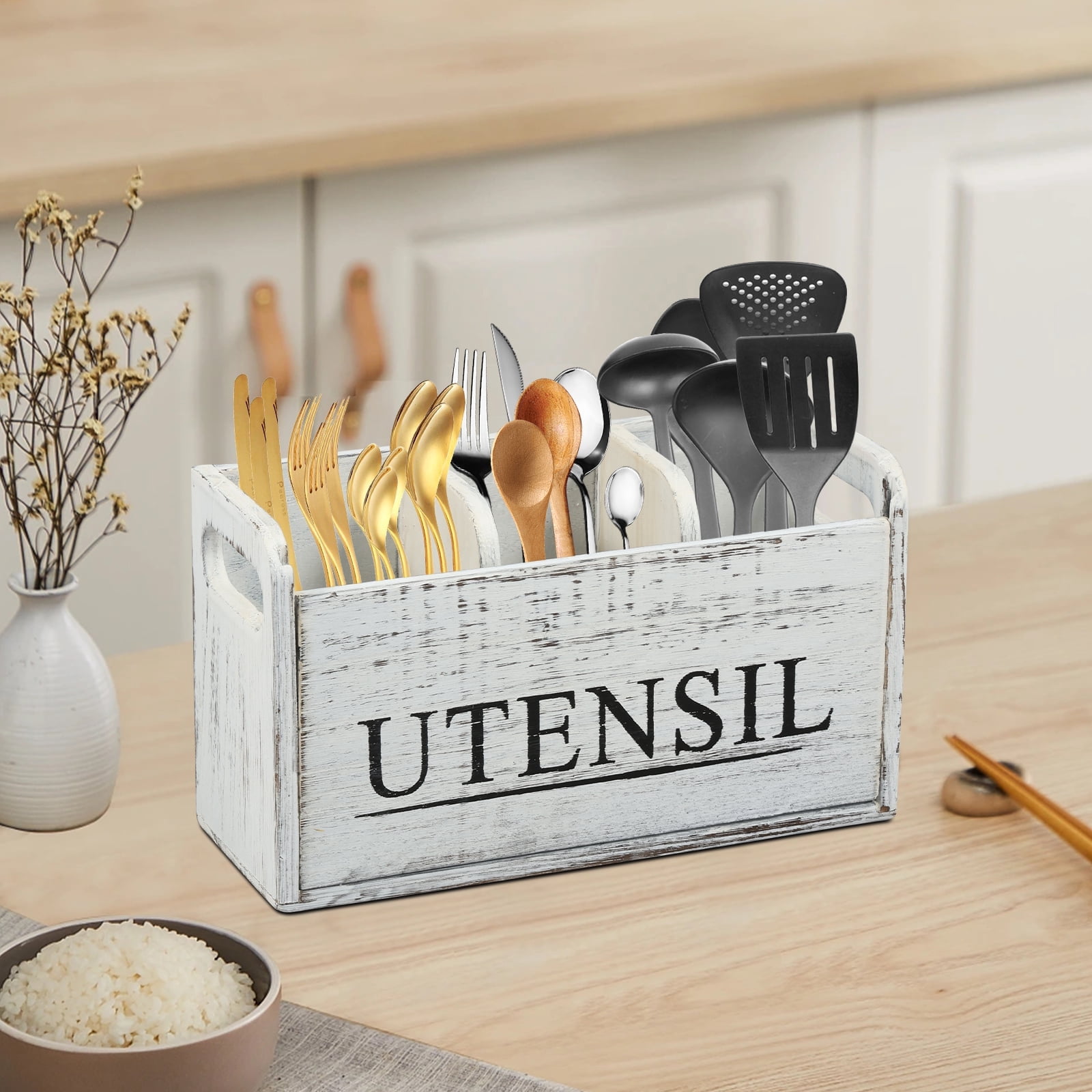 FUYGRCJ Wooden Kitchen Utensil Holder, Sturdy Cooking Utensil Holder, Detachable Farmhouse Utensil Holder Easy to Clean Kitchen Utensil Holder for Kitchen Home