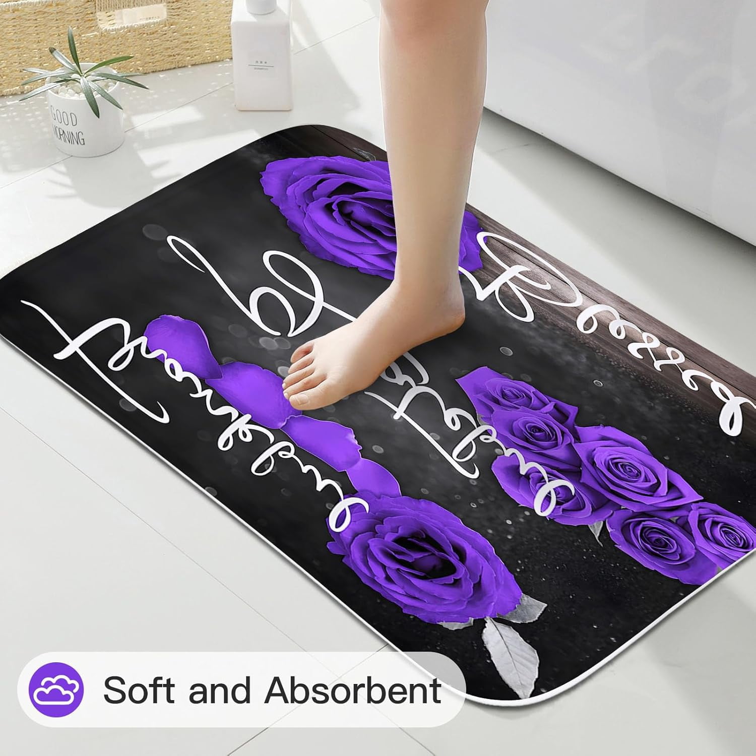 4 Pcs Red Rose Shower Curtain Set with Non-Slip Rugs, Toilet Lid Cover and Bath Mat, Thankful Grateful Blessed Romantic Showy Elegant Floral Bathroom Decor Set with Shower Curtain and Rugs