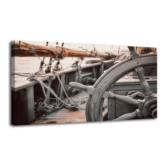 Canvas Wall Art Steering wheel an ancient sailing vessel Wall Decor for Living Room Bathroom Bedroom Office 30" x 60" Art Paintings, Ready to Hang