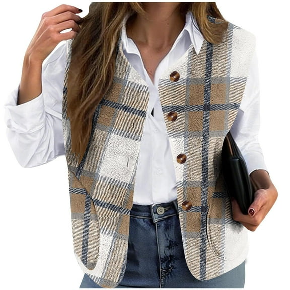 Htigea Womens Plaid Sleeveless Jackets Fleece Button Down Vest Cute Tops Spring Fall Checkered Coats with Pockets Khaki S