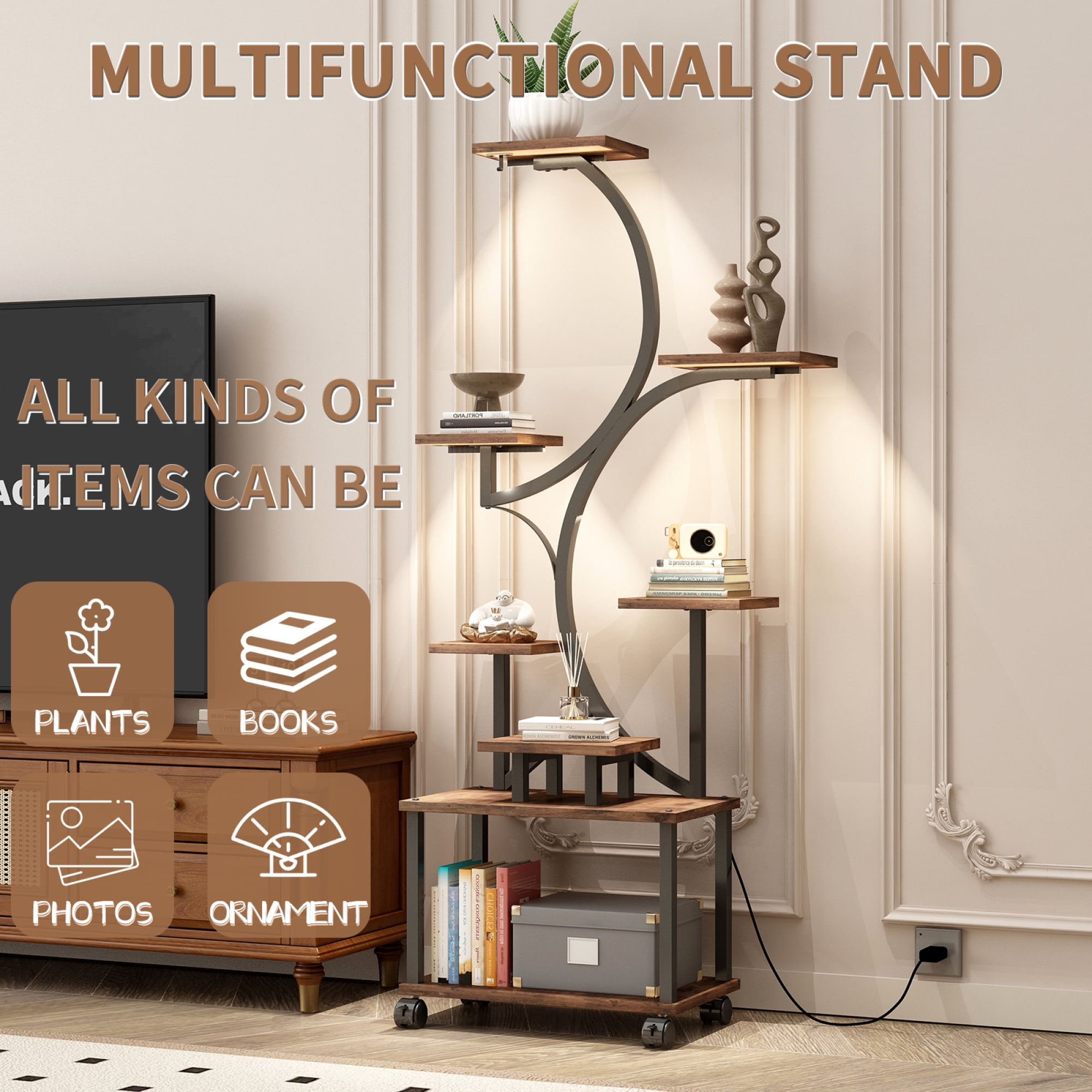 Leumius Plant Stand with Grow Lights, 62" Tall Plant Shelf, Lighted Corner Plant Stands for Indoor Growing, 8 Tiered Large Flower Holder, S-Shaped Decorative Rack for Living Room Home Patio Brown