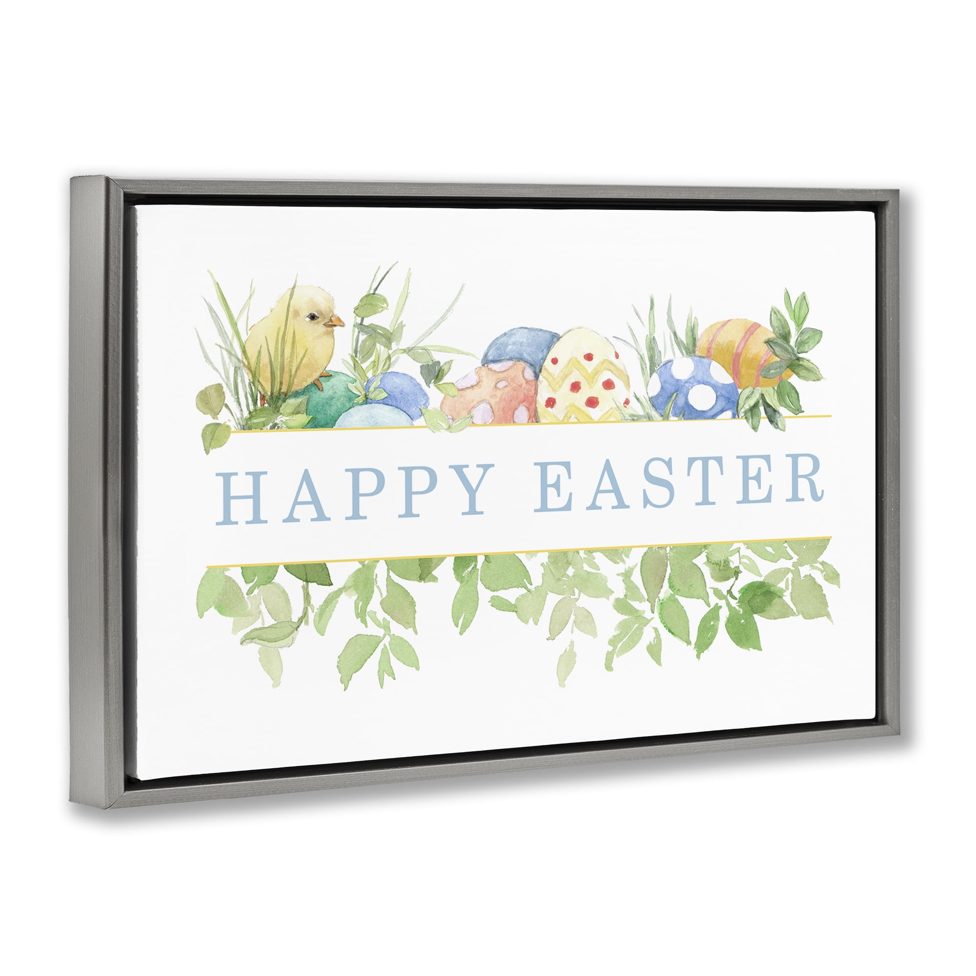 Stupell Industries Floral Happy Easter Holiday Painting Gray Floater Framed Canvas Art Print Wall Art, 25 x 17