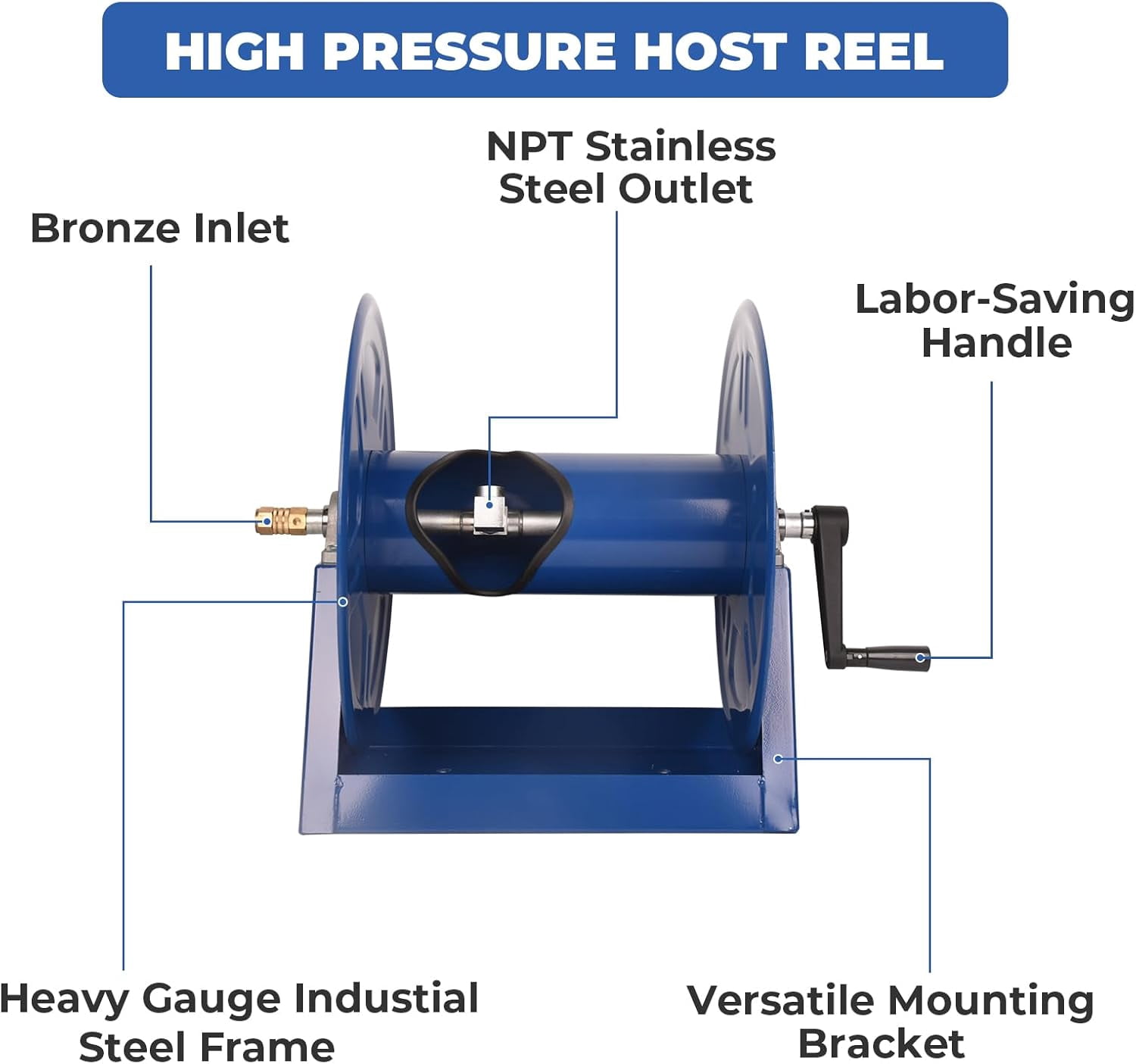Dawot Air Hose Reel 1/2in. x 225ft. Air Compressor Hose Reel 360° Swivel Fitting Max 4000PSI Commercial Hand Crank Manual Pressure Washer Hose Reel (Hose Not Included)