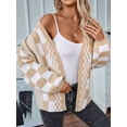 thumbnail image 2 of Womens Checkered Sweater Color Block Plaid Cardigan Oversized Long Sleeve Knit Open Front Coats Khaki M, 2 of 8
