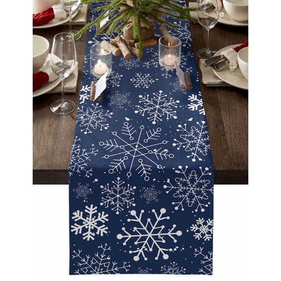 Navy Blue Snowflake Christmas Cotton Linen Table Runner for Dining Kitchen, Xmas Snowflake Wedding Outdoor Party Tablerunners Decoration, Dresser Scarf Coffee Tablecloth Runners 13x36 Inches