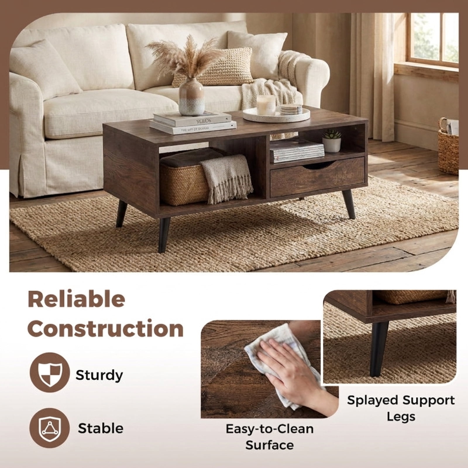Furnibear Coffee Table with Storage Rustic Rectangle Center Table - Walnut - Living Room Cocktail Center Table