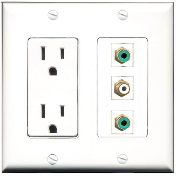 RiteAV - 15 Amp Power Outlet 1 Port RCA White 2 Port RCA Green Decorative Wall Plate