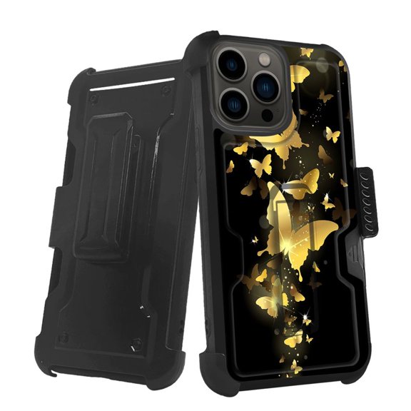 ANJ  Rugged Shockproof Holster Case w/Card Slot, Kickstand   Tempered Glass for iPhone 13 Pro (6.1") - Golden Butterflies