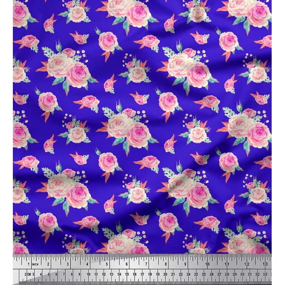 Soimoi Cotton Cambric Fabric Leaves & Camellias Floral Decor Fabric Printed Yard 56 Inch Wide