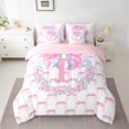 thumbnail image 2 of Castle Fairy Personalized Initial Bowtie P Bedding Comforter Set 7 Pieces for Kids Children Teens,Pink Bow Knot Full Bedding Set Lightweight,Chic Pink Floral Flowers Fitted Sheet Flat Sheet, 2 of 8