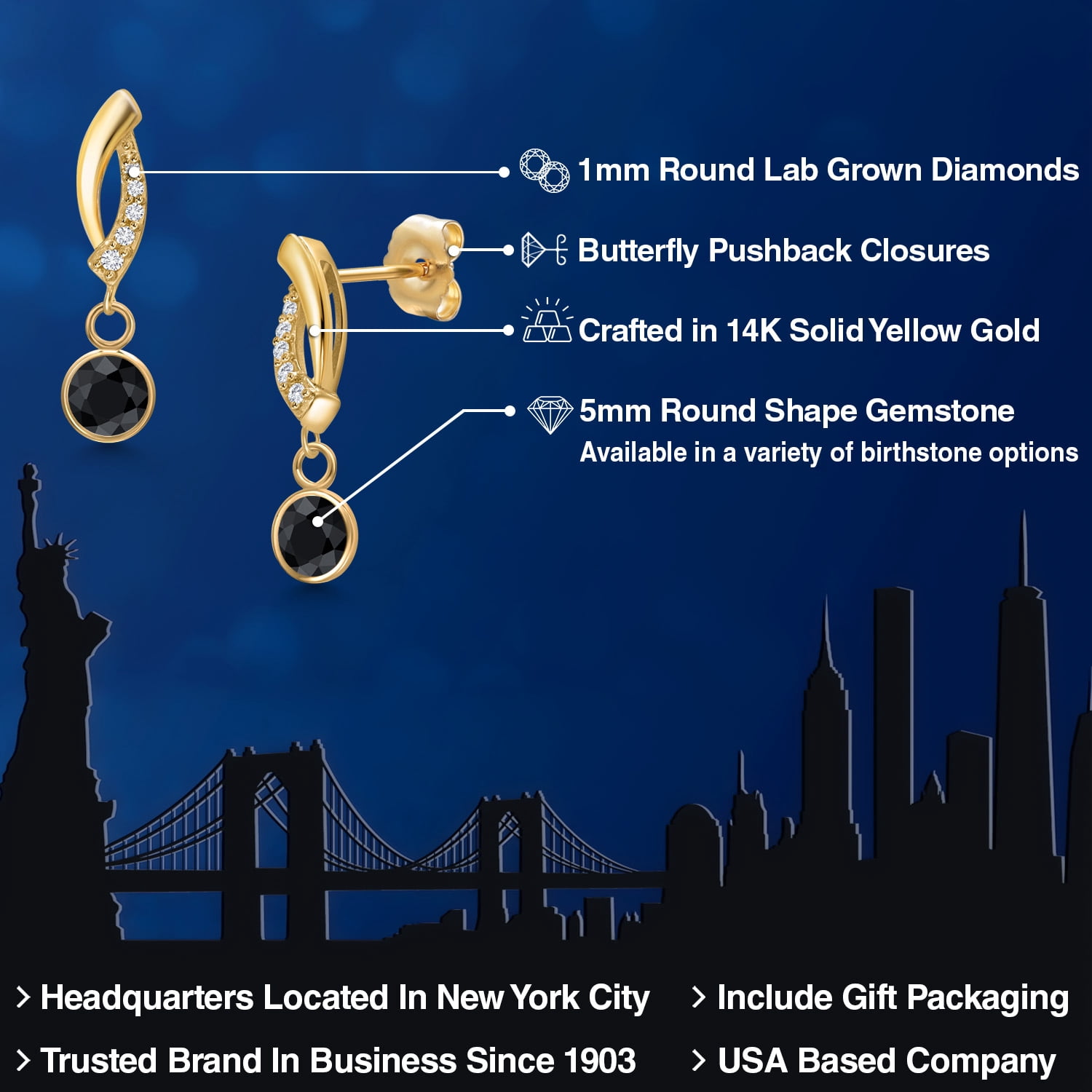 Gem Stone King 14K Yellow Gold Black Sapphire and Lab Grown Diamond Earrings for Women | 1.43 Cttw | Gemstone September Birthstone | Round 5MM