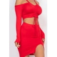 thumbnail image 3 of Drawstring Ruched Off Shoulder Crop Top & Side Slit Mini Skirt Ensemble, 3 of 8