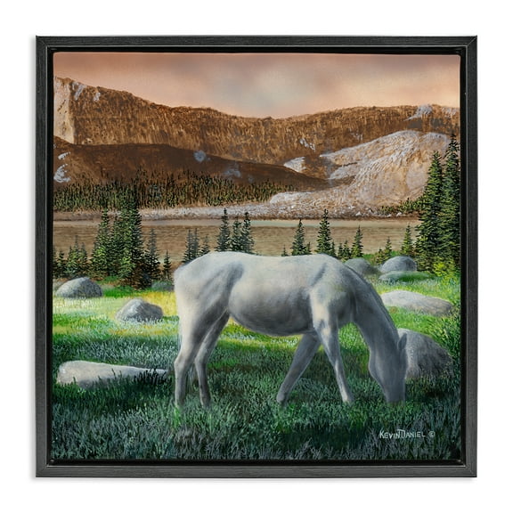Stupell Industries Grazing Horses in Countryside Landscape & Nature Painting Black Floater Framed Canvas Art Print Wall Art, 18 x 18