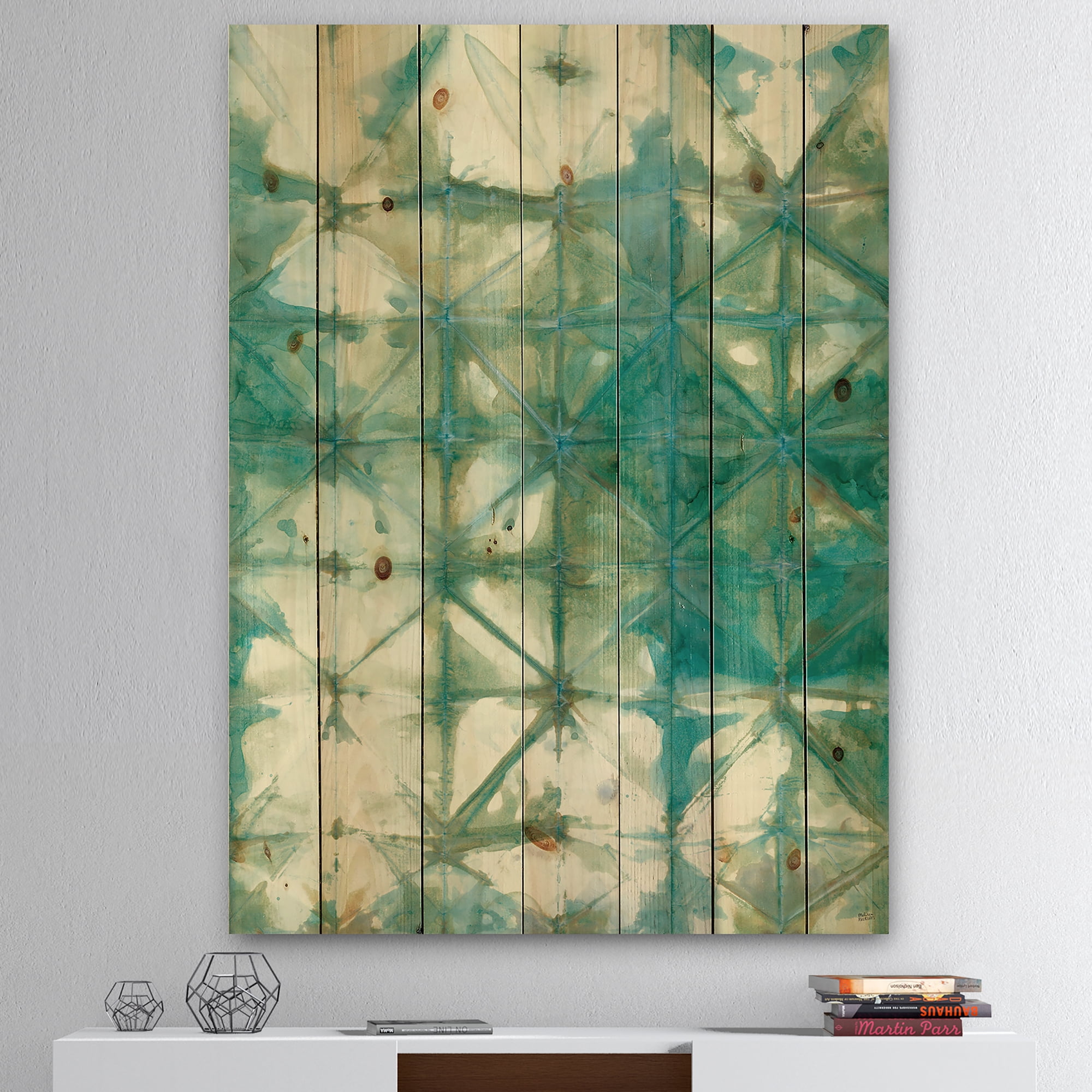 Designart 'Turquoise Watercolor Geometrical Pattern III' Modern & Transitional Print on Natural Pine Wood