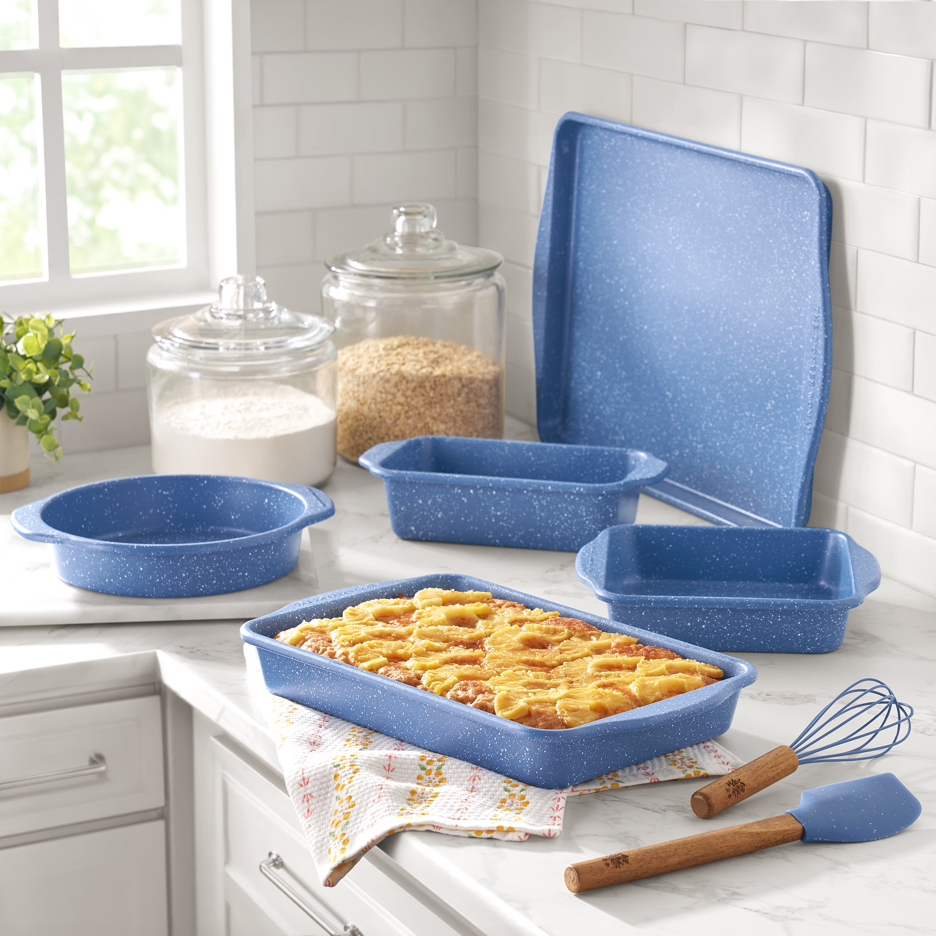 The Pioneer Woman 7-Piece Aluminized Steel Bakeware Set, Nonstick, Blue Speckle