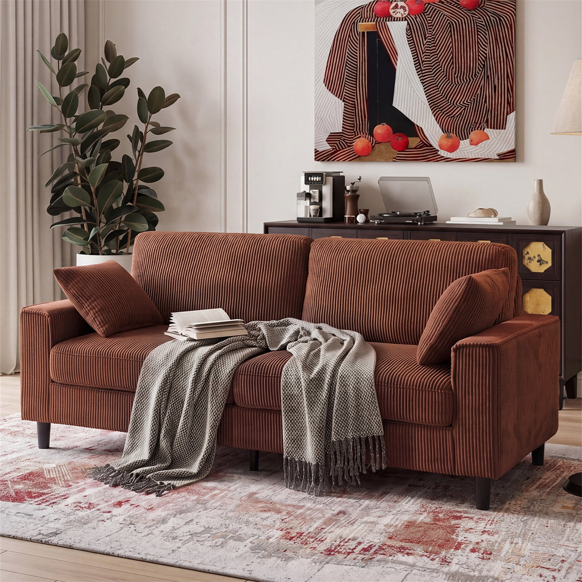 Aukfa 82" Square Arm Sofa 3 Seat Deep Seat Upholstered Couch for Living Room Bedroom, 2 Pillows, Corduroy, Coffee