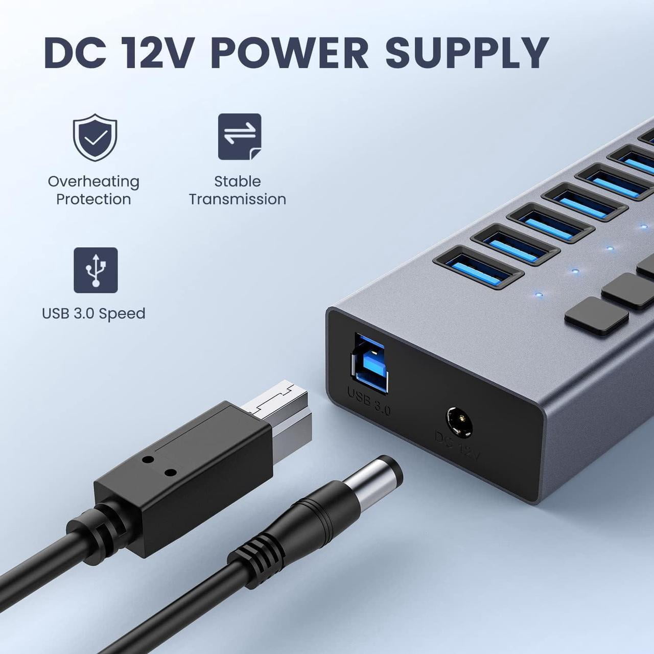 48W Powered USB Hub - 10 Ports USB 3.0 Data Hub - with Individual On/Off Switches and 12V/4A Power Adapter USB Hub 3.0 Splitter for Laptop, PC, Computer, Mobile HDD, Flash Drive