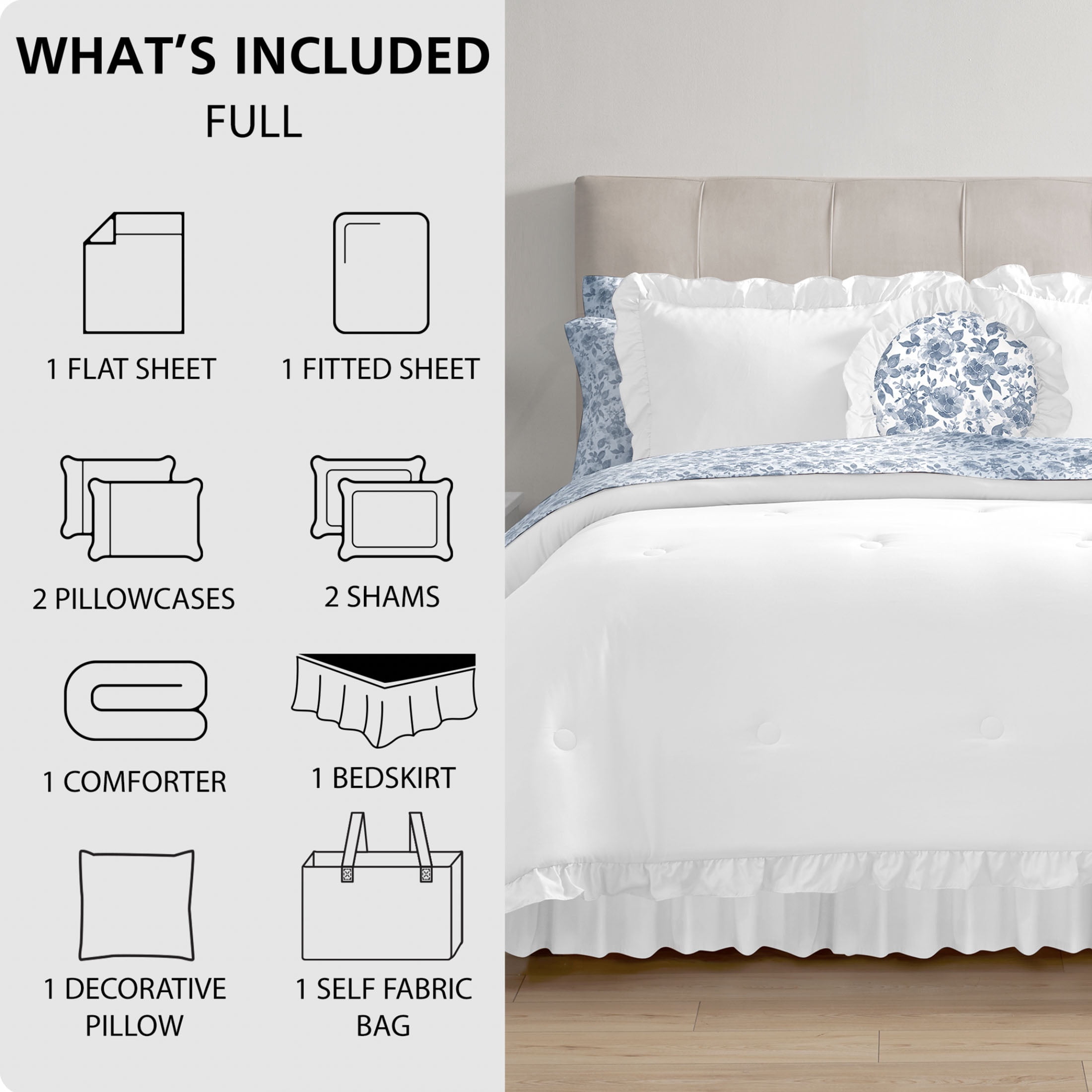 Mainstays All in One Reversible Comforter and Sheet Set- 11 Piece, Full, White and Blue Ruffle