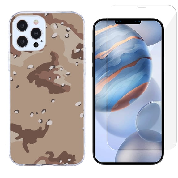 Slim-Fit Protective Phone Case compatible with iPhone 12 Pro Max, with Tempered Glass Screen Protector, by OneToughShield ® - Desert Camo
