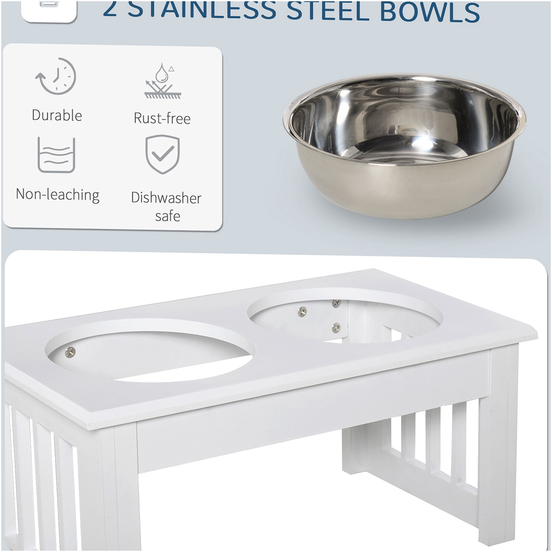 JERFIT Elevated Dog Bowl Stand with Stainless Steel Bowls, 6 Inch Height Pet Feeding Station for Messy Eaters, Anti-Slip Wooden Dog Food & Water Raised Holder in White