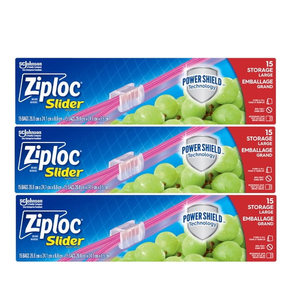 Ziploc Large Food Storage Slider Bags, Puncture-Resistant with Easy Close Slider, Expandable Bottom, BPA Free, Microwave Safe, 45 Count