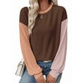 thumbnail image 1 of Blusas de Larga para Mujer, Moda de Otoño, Cuello Redondo, Bloque de Color, Punto Acanalado, Informal, Corte Holgado, Tipo Jersey. Café L, 1 of 7
