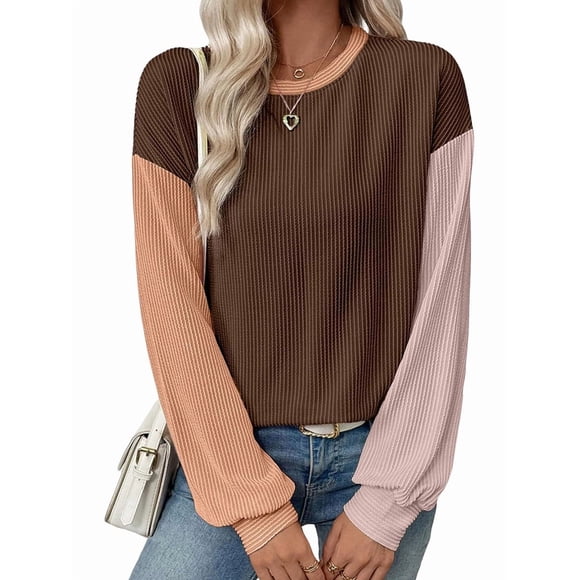 Blusas de Larga para Mujer, Moda de Otoño, Cuello Redondo, Bloque de Color, Punto Acanalado, Informal, Corte Holgado, Tipo Jersey. Café S