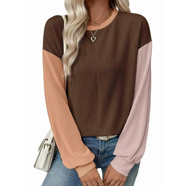 Blusas de Larga para Mujer, Moda de Otoño, Cuello Redondo, Bloque de Color, Punto Acanalado, Informal, Corte Holgado, Tipo Jersey. Café L