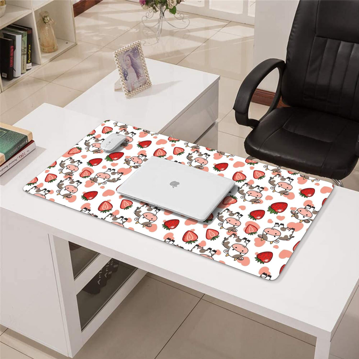 Long Mouse Pads for Desk,White Cow Strawberry Heart Pattern Desk Mats on Top Of Desks, Desk Mouse Pad Extra Large with 3mm Non-Slip Base and Stitched Edge for Gaming,Office,Work,Home 31.5"x15.7"