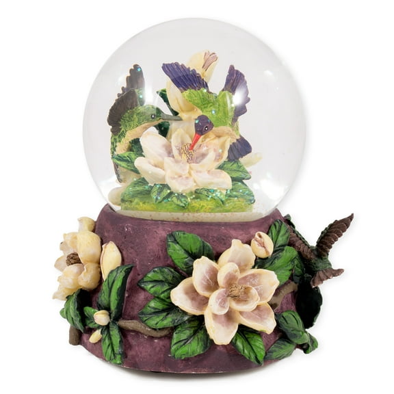 Hummingbirds and Magnolias Glass Musical Snow Globe Plays Song Waltz of the Flowers