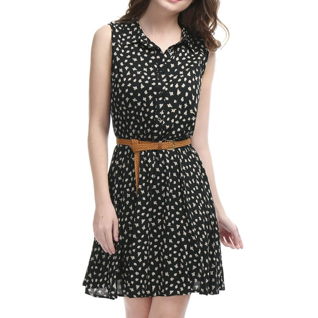 INSPIRE CHIC Robe Sans Manches à Imprimé Floral Demi-Patte Longueur Genou Printemps Ceinturée TP Noir-Daisy