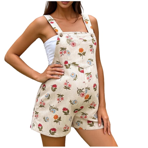 FAVIPT Maternity Overall Shorts for Pregnant Women Flower Print Adjustable Strap Overalls Corduroy Short Jumpsuit with Pockets Beige,S