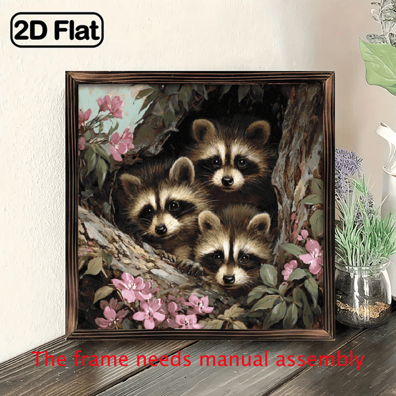 2D Flat, Charming Raccoon Family Tree Hole Wall Art - Rustic Wooden Framed Sign with Realistic Fur Leaves, 8x8 Inch Farmhouse Decor for Kitchen, Bathroom, or Living Room, Perfect Housewarming Gift
