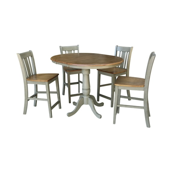 36" Round Wood Distressed Hickory/Stone Extension Dining Table With 4 Stools