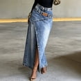 thumbnail image 3 of Morttic Women's Wash Denim Long Maxi Skirt – High Waist Relaxed High Slit Classic Back Pocket Western Streetwear A-Line Skirt Blue，S, 3 of 5