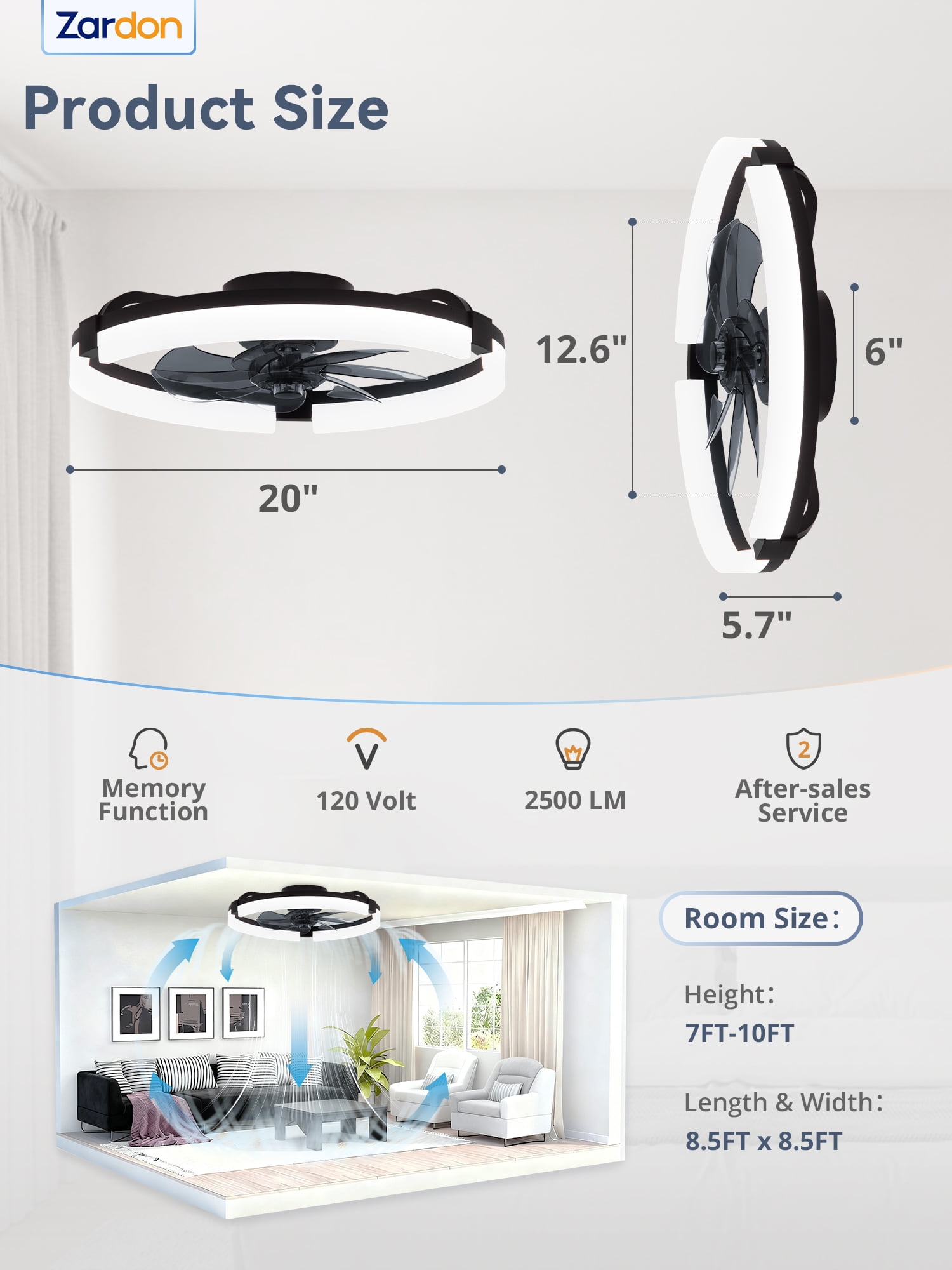 Zardon 20 inch Modern Ceiling Fan with Light and APP & Remote Control, Flush Mount Ceiling Fan, 6 Speeds, 3 Color Temperatures, Ultra Quiet DC Motor, for Bedroom, Living Room-Black