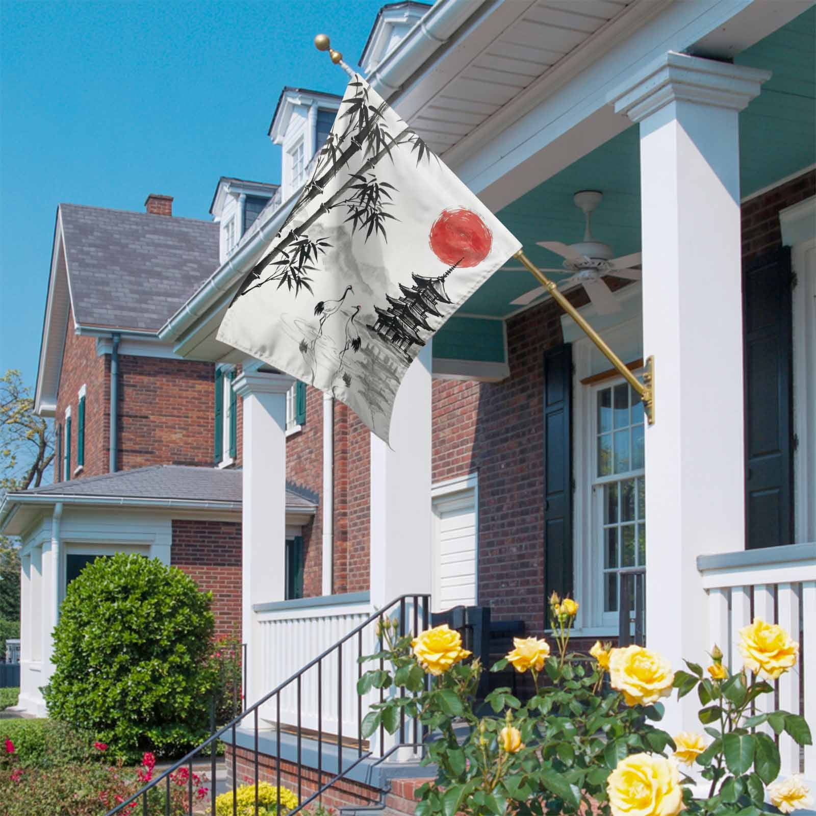 White Crane House Flag 28 x 40 Inches, Ink Wash Gray Black Bamboos Trees Japanese Pagoda Red Sun Weather Proof Outdoor Patio Flags Double Sided Small House Decoration for Yard Lawn Outside Home