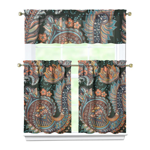 Mandala Inspired Paisley Kitchen Curtains - 3 PC Ethnic Set, Colorful Geometric Tier & Valance, Light Filtering Rod Pocket Window Panels