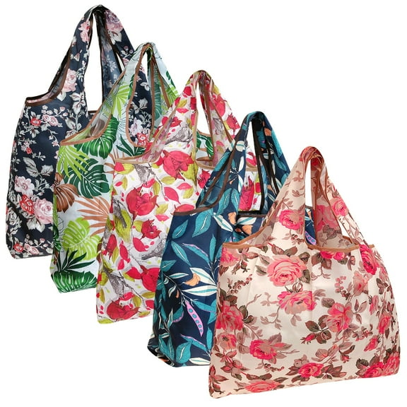 Wrapables Large Foldable Tote Nylon Reusable Grocery Bags, 5 Pack, Flowers & Ferns