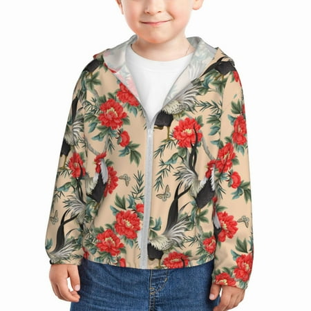 

Gaeub Roosters And Peonies Flowers Print Athletic Sun Protection Hoodie for Kids Long Sleeve Outdoor UV Shirt Running Fishing Top for Boys Girls-5 Years