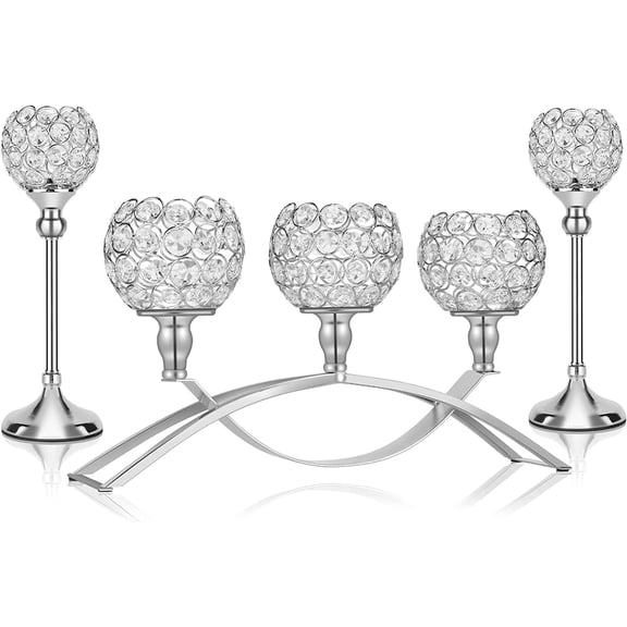 YANGLI Silver Crystal Candle Holders - 3-Arm Candelabra with 2 Glass Holders for Wedding, Party, Anniversary Table Centerpiece