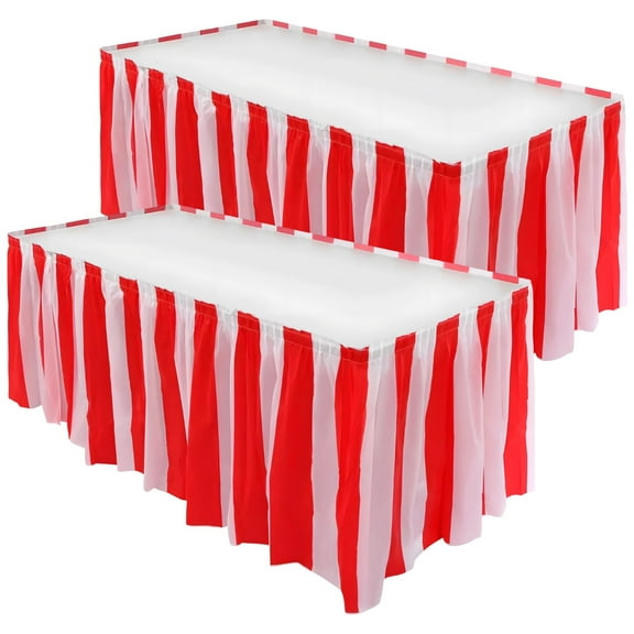 Red and White Striped PEVA Waterproof and Oilproof Table Skirt Set for Birthday and Wedding Party Decorations, 2 Pcs Carnival Party Tablecloth and Skirt Set