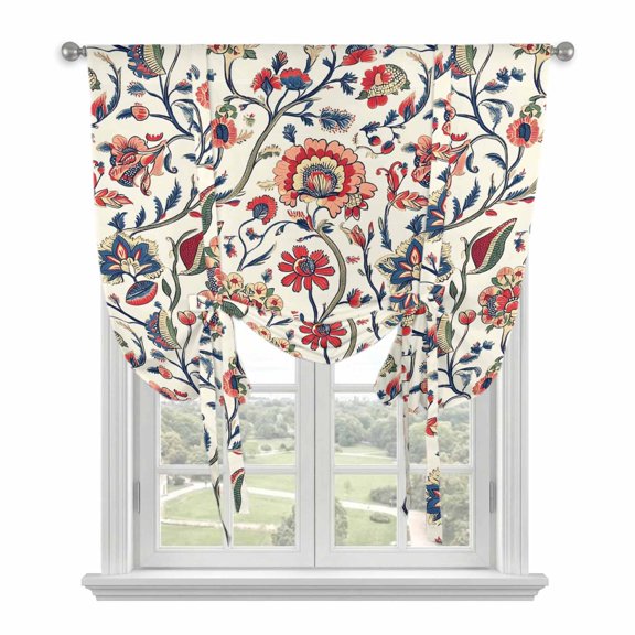 Red Floral Branch Tie Up Curtain for Window, Retro Leaves Plant Adjustable Tie Up Balloon Curtain Valances Rod Pocket Window Treatment for Kitchen Bathroom Bedroom 34"x45"