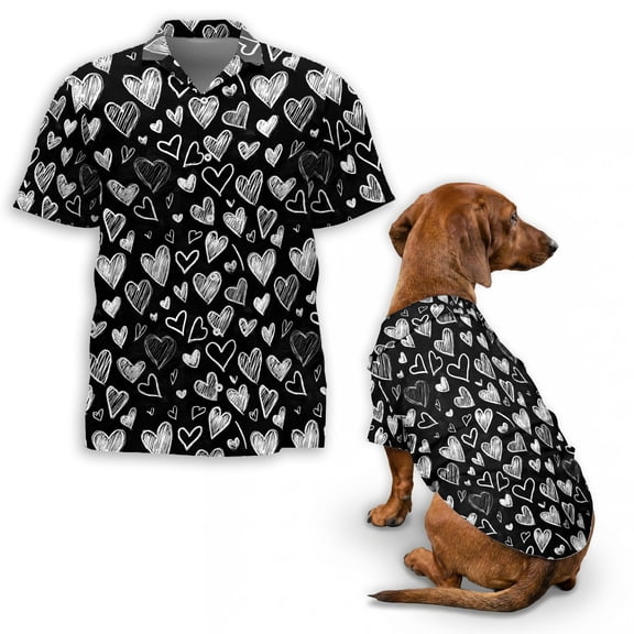 Love Heart Print Matching Hawaiian Shirt for Owner and Dog, Romantic Aloha Button Summer Vacation Outfit