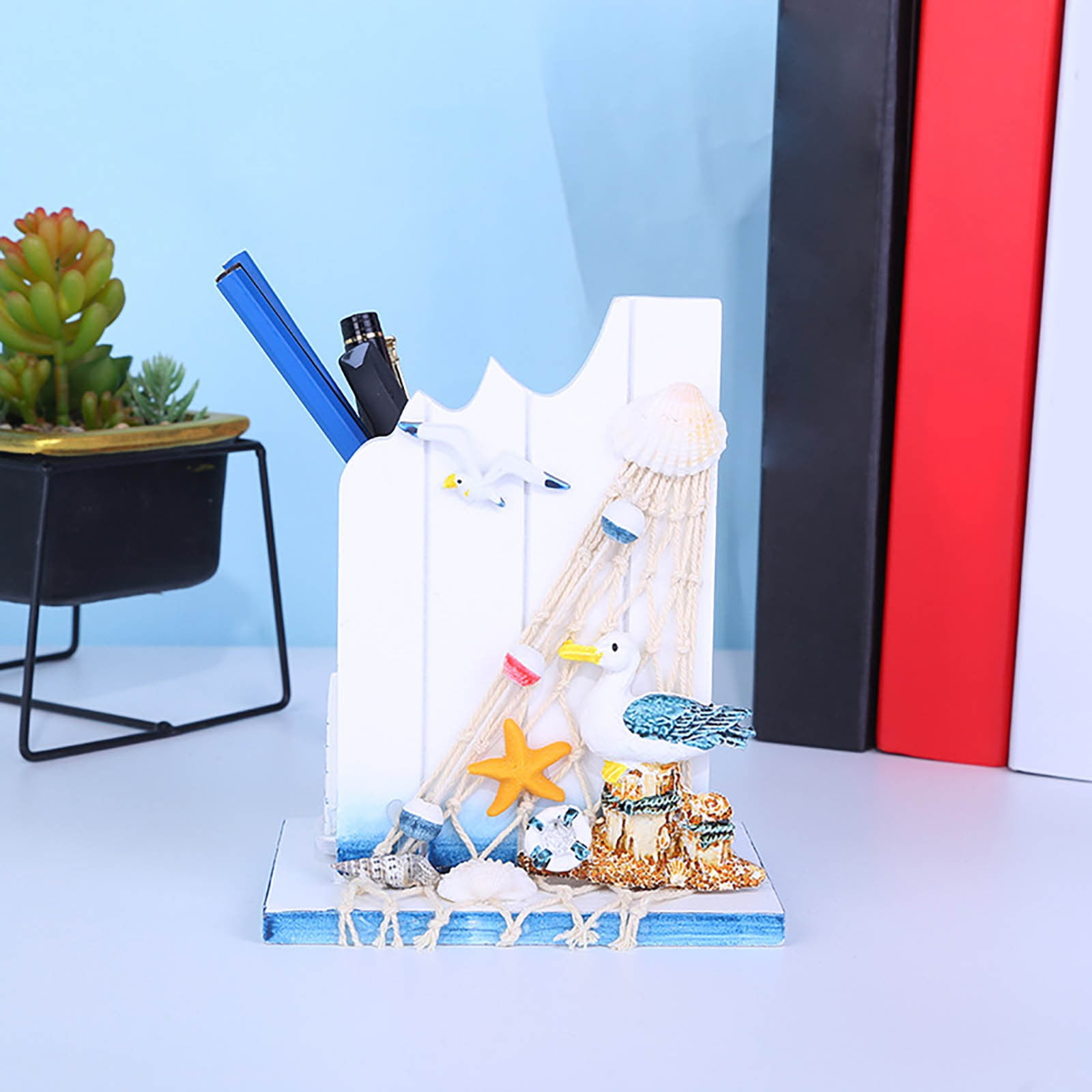 Yannianjz Vintage Pen Container, Wooden Desk Storage Box for Office Study, Seastyle Decorative Pen Holder, Home Office Organizer for Pens Pencils, Nautical Style Desk Accessory