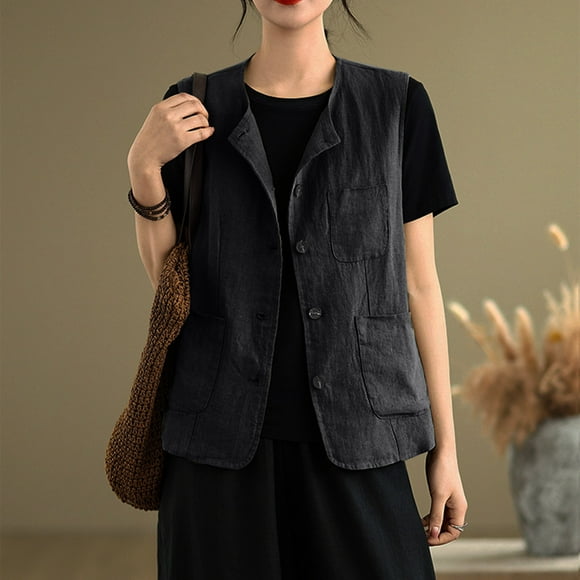 Ounisa Women Cotton Linen Vests Summer Casual Sleeveless Button Up Tops with Pockets Solid Loose Lightweight Vest Tees