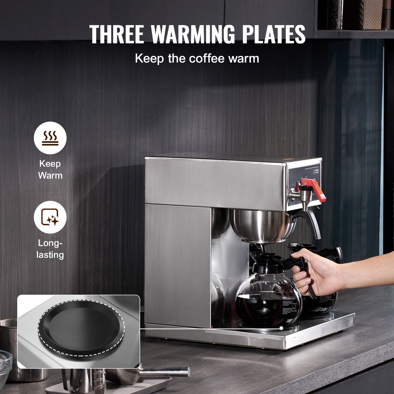 KFFKFF 12-Cup Industrial Coffee Brewer, Coffee Making Device with Trio of Glass Jugs and Trio of Heat-Keeping Bases, Metallic Manual Drip Coffee Maker for Eateries, Workplaces, Coffee Shops