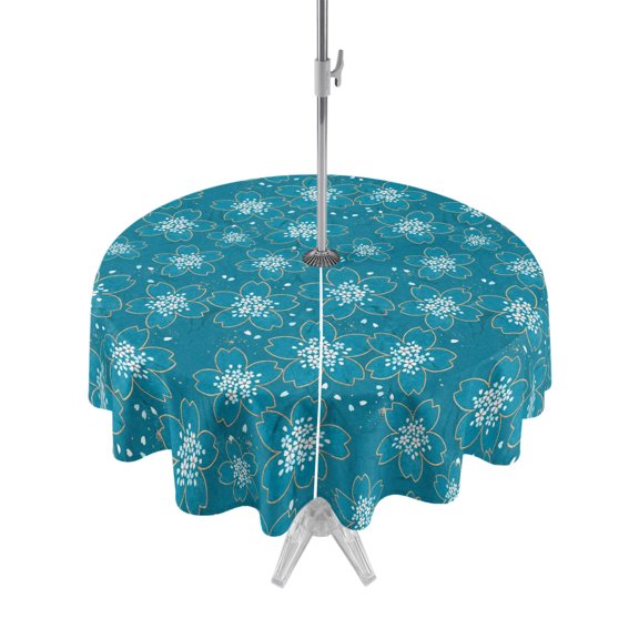 Outdoor Tablecloth with Umbrella Hole Zipper Turquoise Boho Floral Round Tablecloth 60" Waterproof Outside Table Cloth Abstract Art Flowers Botanical Patio Table Cover Tablecloths for Picnic Party